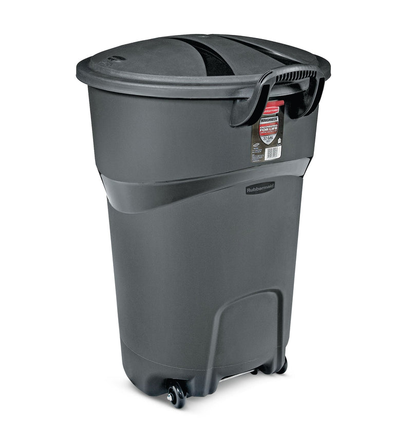 Rubbermaid Plastic Circular Wheeled Garbage Can with Handle, Black, 121-L V1