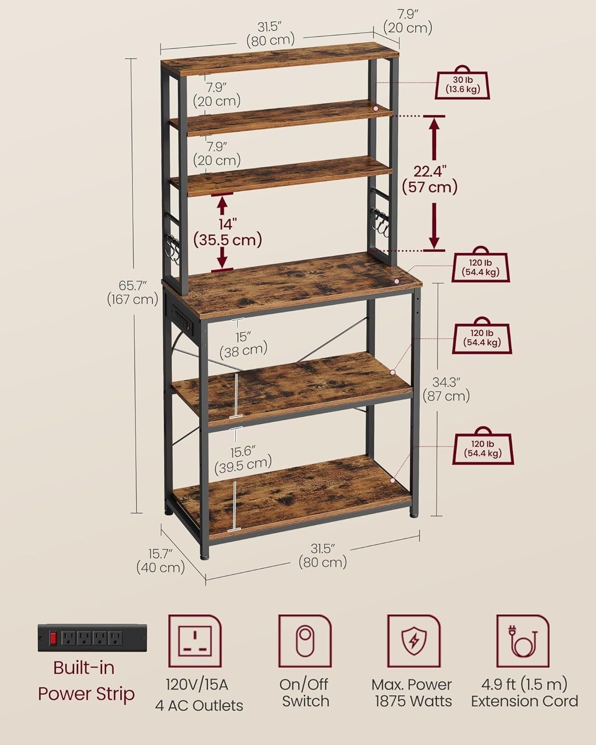 Songmics Home Small Rustic Brown Baker's Rack with 4 AC Outlets