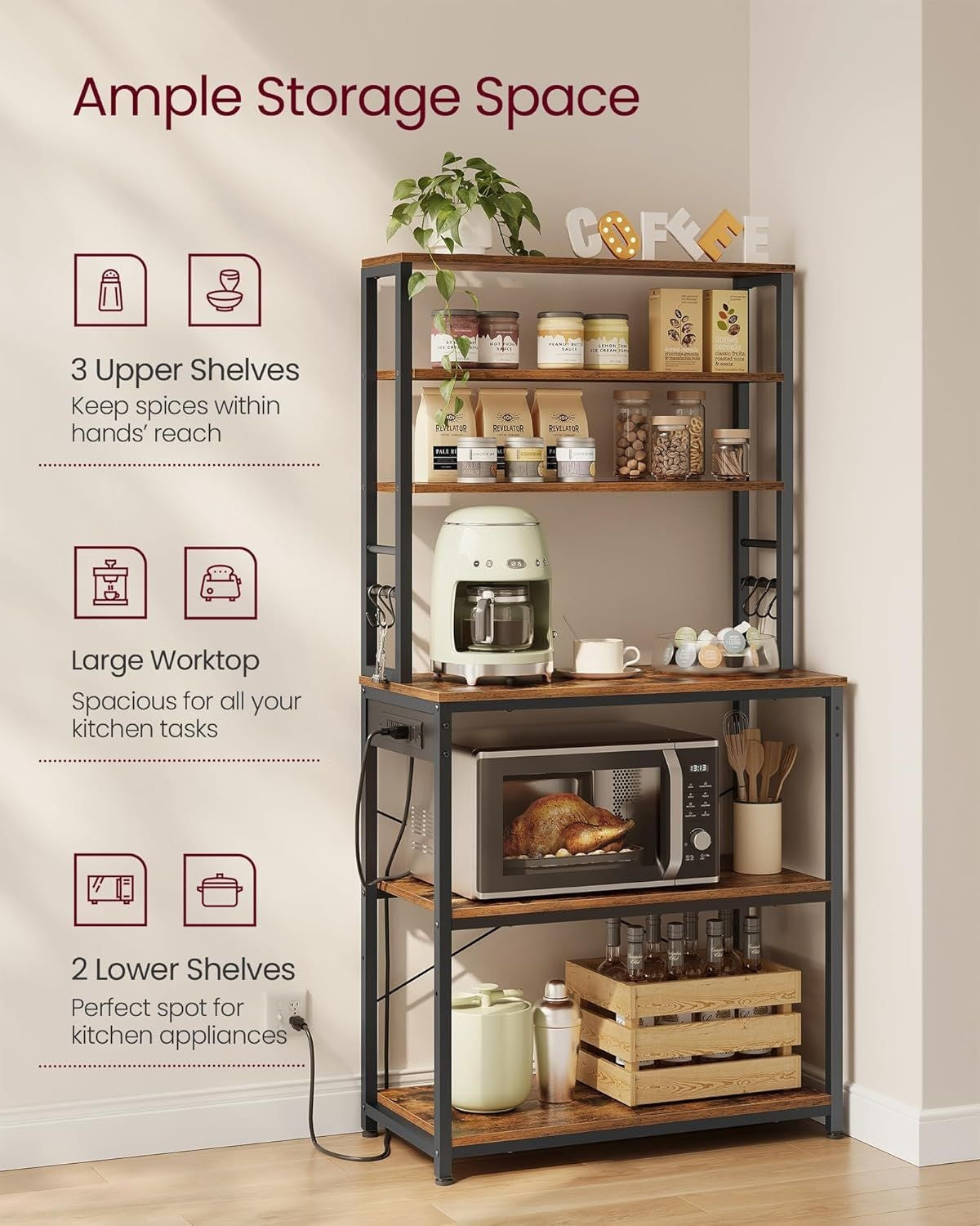 Songmics Home Small Rustic Brown Baker's Rack with 4 AC Outlets