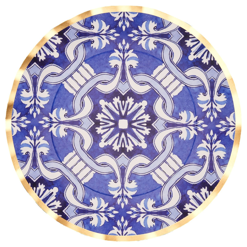 Sophistiplate Moroccan Nights Round Bordered Trimmed Paper Disposable Dinner Plates, Blue/Gold, Tile, 10-in, 8-pk, for Mother's Day/Easter D9