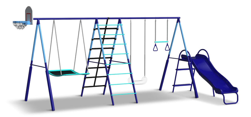 Sportspower Sunset Slam Kids' 7-Station LED Metal Swing Set Combo with Basketball Hoop & Slide S4