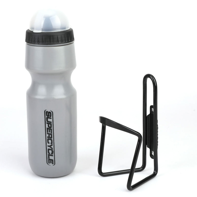 Supercycle Wide Mouth Self-Sealing Bike Water Bottle withCage/Holder, BPA Free, Silver, 21-oz R6