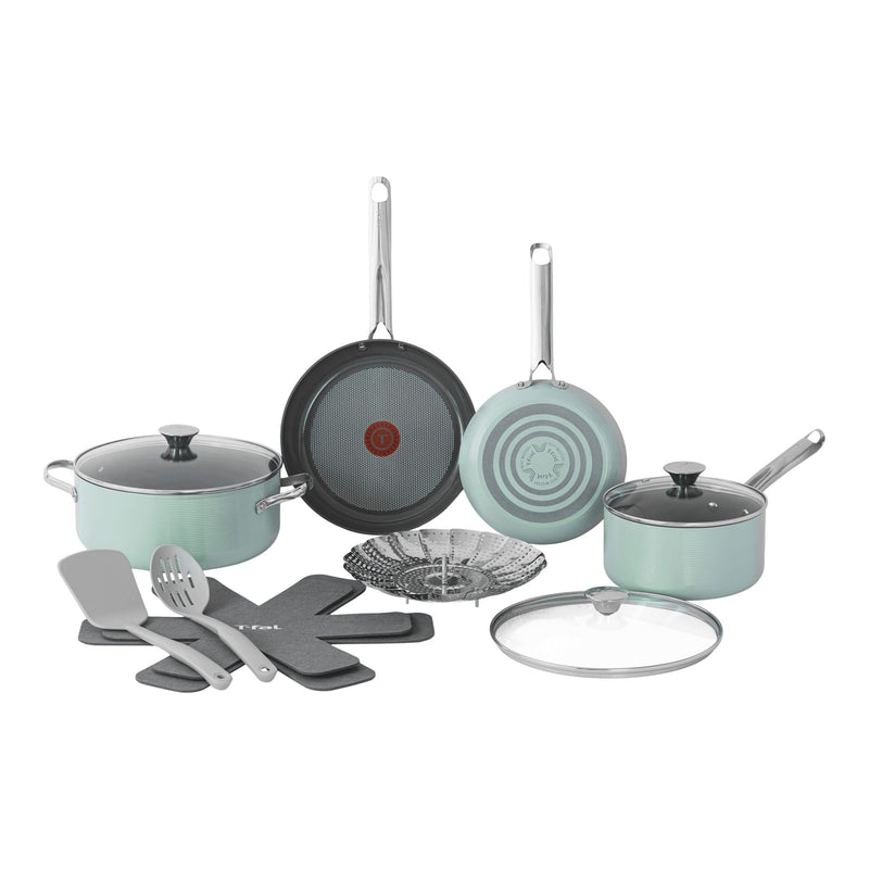 T-Fal Ceramic Inspire Non-Stick Cookware Set, Dishwasher & Oven Safe, Mint, 12-pc S1