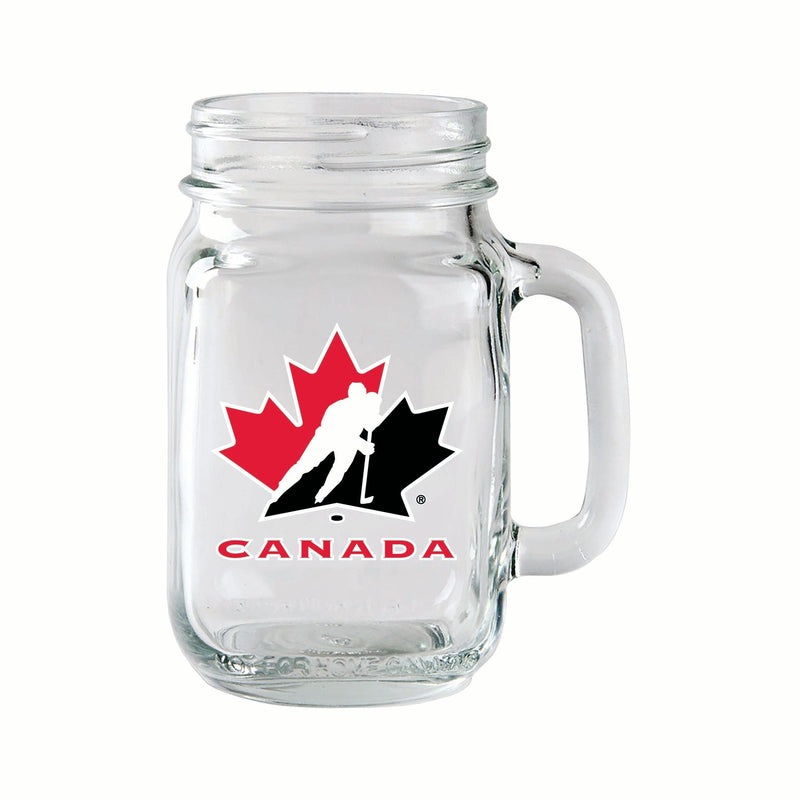Team Canada/Hockey Canada Glass Mason Mug, Reusable Drinking Jar with Handle, Clear, 14-oz Z4