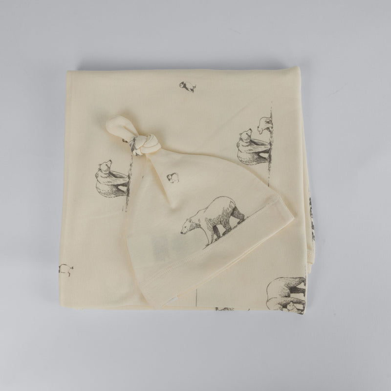 The Elk Baby Polar Bear Print Premium Organic Cotton Blanket and Beanie Set O2