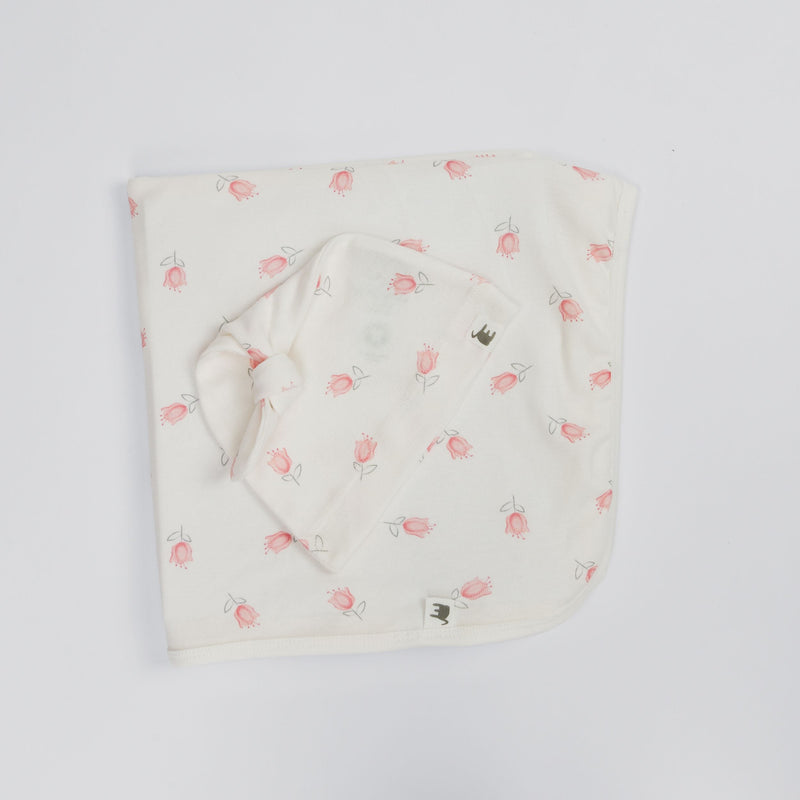 The Elk Baby Tulip Print Premium Organic Cotton Blanket and Beanie Set L6