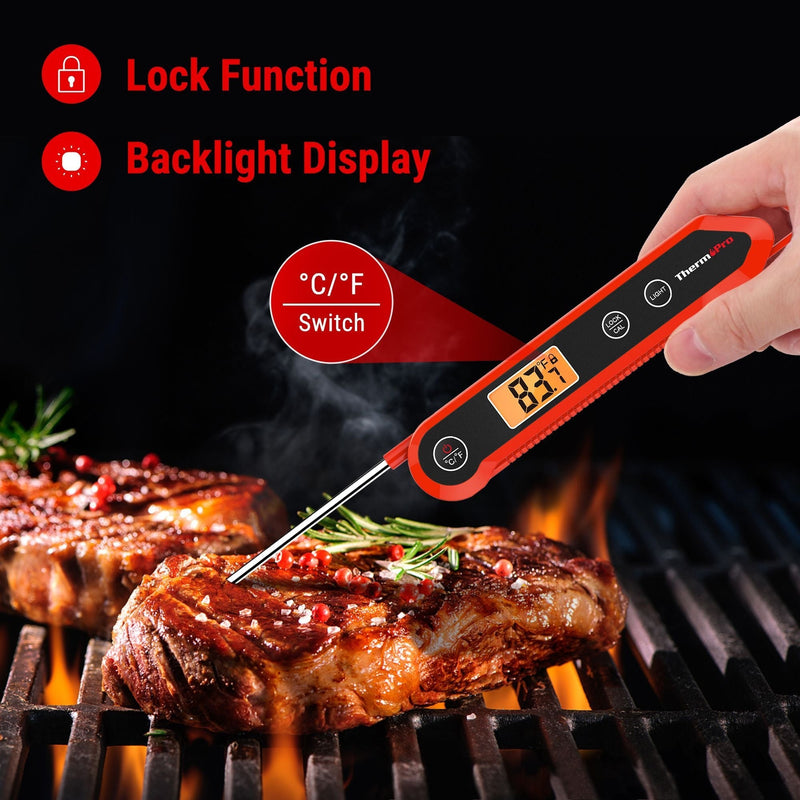 ThermoPro Waterproof Digital Instant-Read Folding Meat Thermometer with Swivel Probe, Black/Red C5