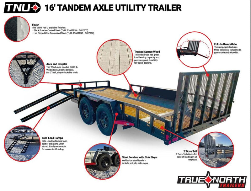 True North 83-in x 16-ft Tandem Axle Utility Trailer, Black W8