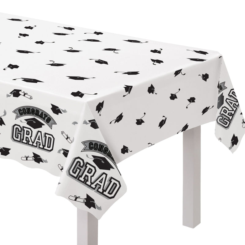 True to Your School "Congrats Grad" Rectangle Plastic Reusable Table Cover, Black/White, 54x84-in, for Graduation X6
