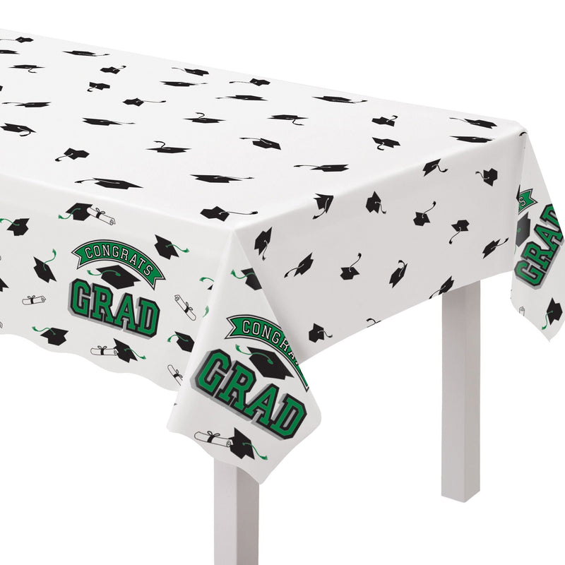 True to Your School "Congrats Grad" Rectangle Plastic Reusable Table Cover, Green, 54x84-in, for Graduation E1