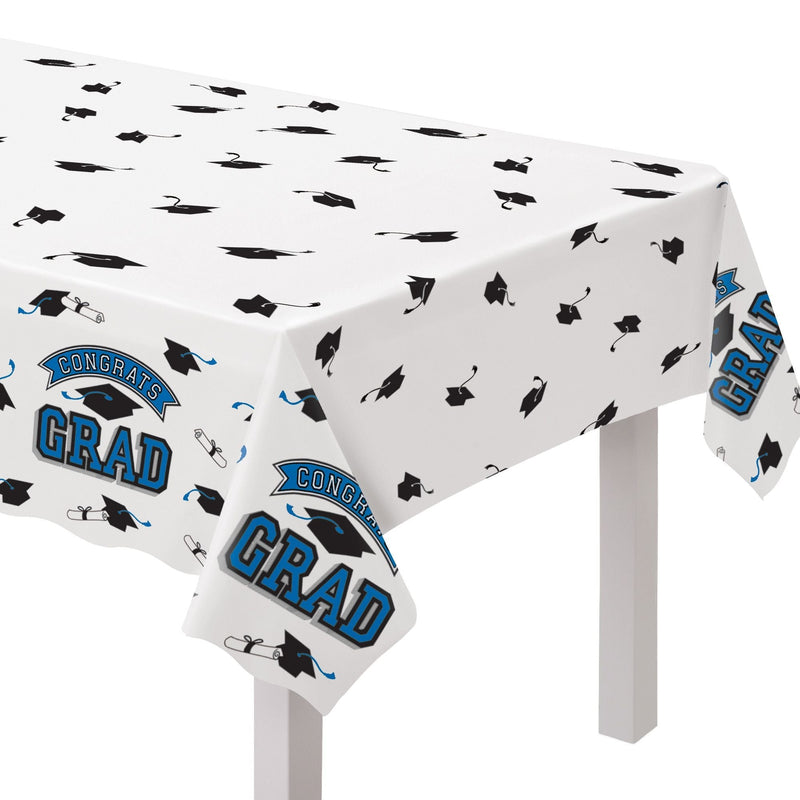 True to Your School "Congrats Grad" Rectangle Plastic Reusable Table Cover, Navy, 54x84-in, for Graduation H0