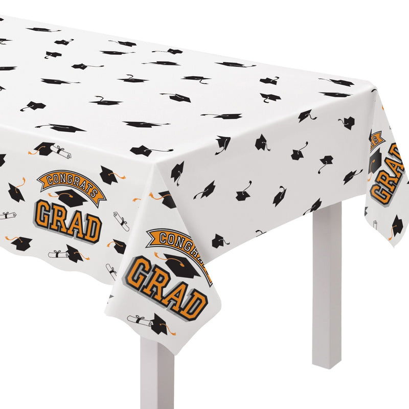 True to Your School "Congrats Grad" Rectangle Plastic Reusable Table Cover, Orange, 54x84-in, for Graduation Q0