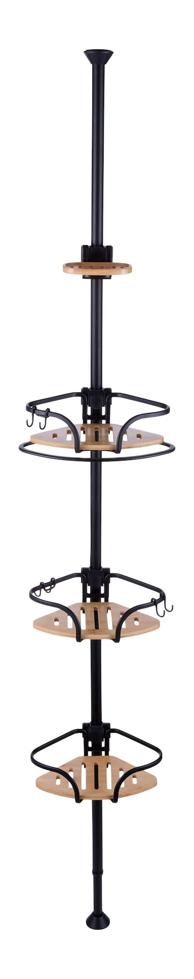 Type A 3-Tier Adjustable Rustproof Aluminum Shower Pole Caddy with Bamboo Trim, Matte Black F0