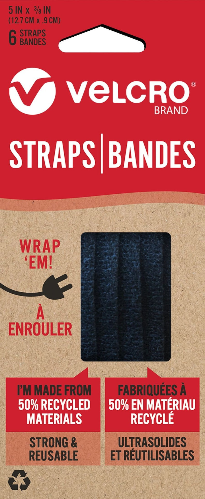 Velcro Adjustable Reusable Eco Pre-Cut Straps, Black, 5 x 0.3-in, 6-pk S7