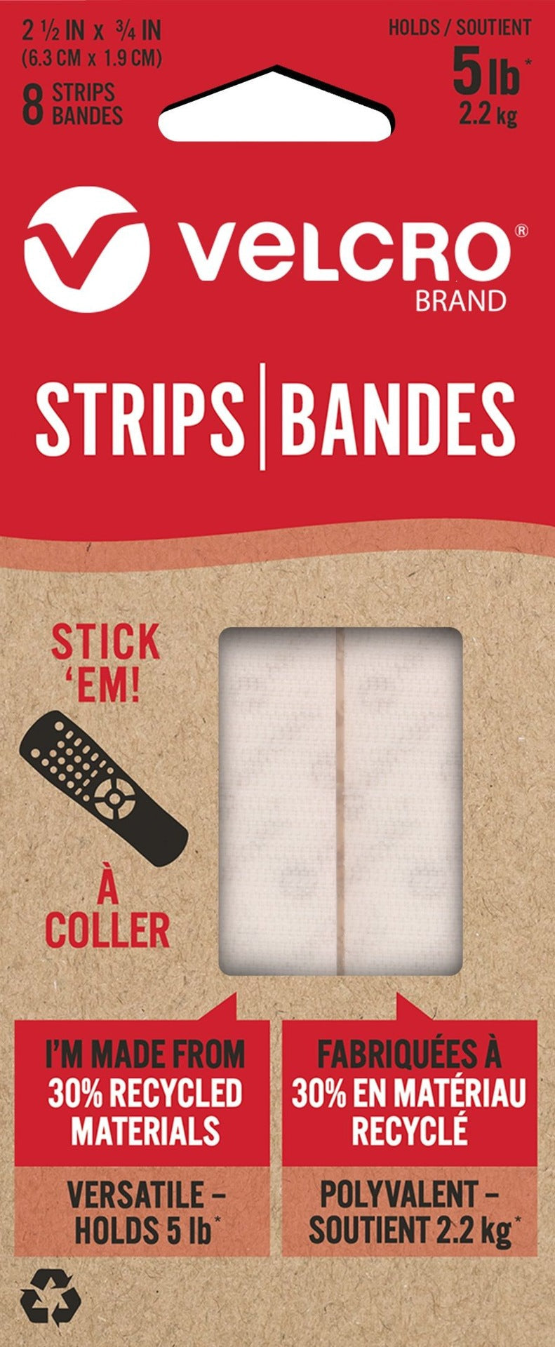 Velcro Durable Reusable Eco Strips, White, 5-lbs, 2.5 x 0.7-in, 8-pk P0