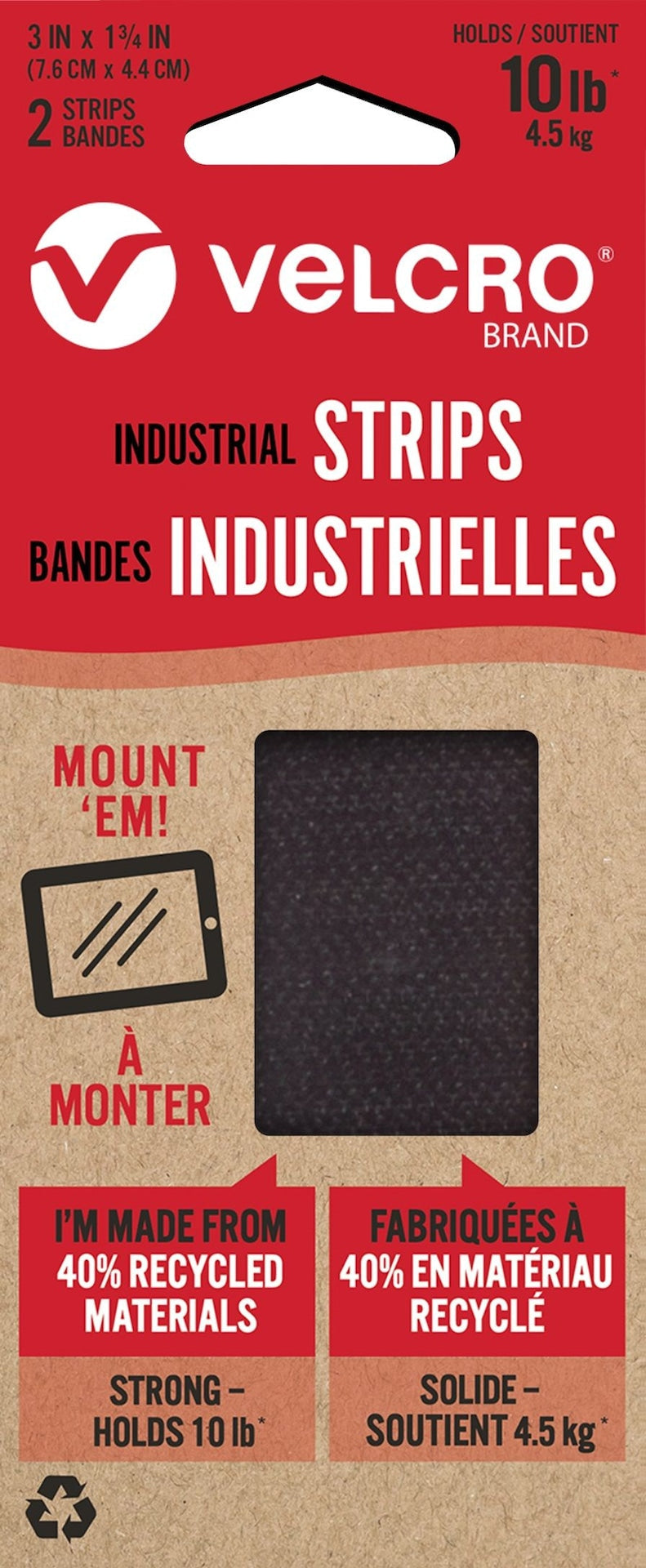 Velcro Durable Water-Resistant Eco Industrial Strips, Black, 10-lbs, 3 x 1.7-in, 2-pk D3