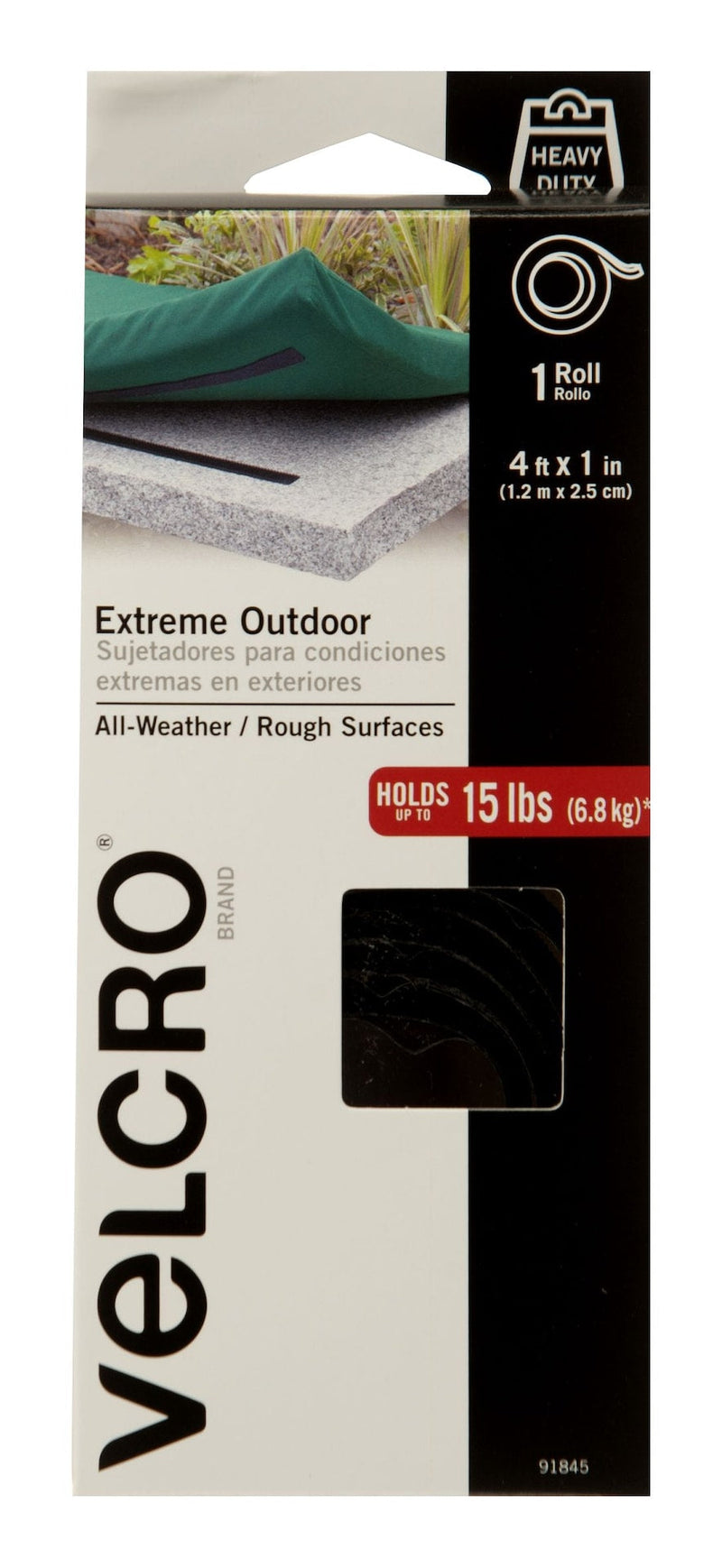 Velcro Industrial Strength Extreme Heavy Duty Tape, Black, 15-lbs, 4-ft x 1-in, 1-pk D3