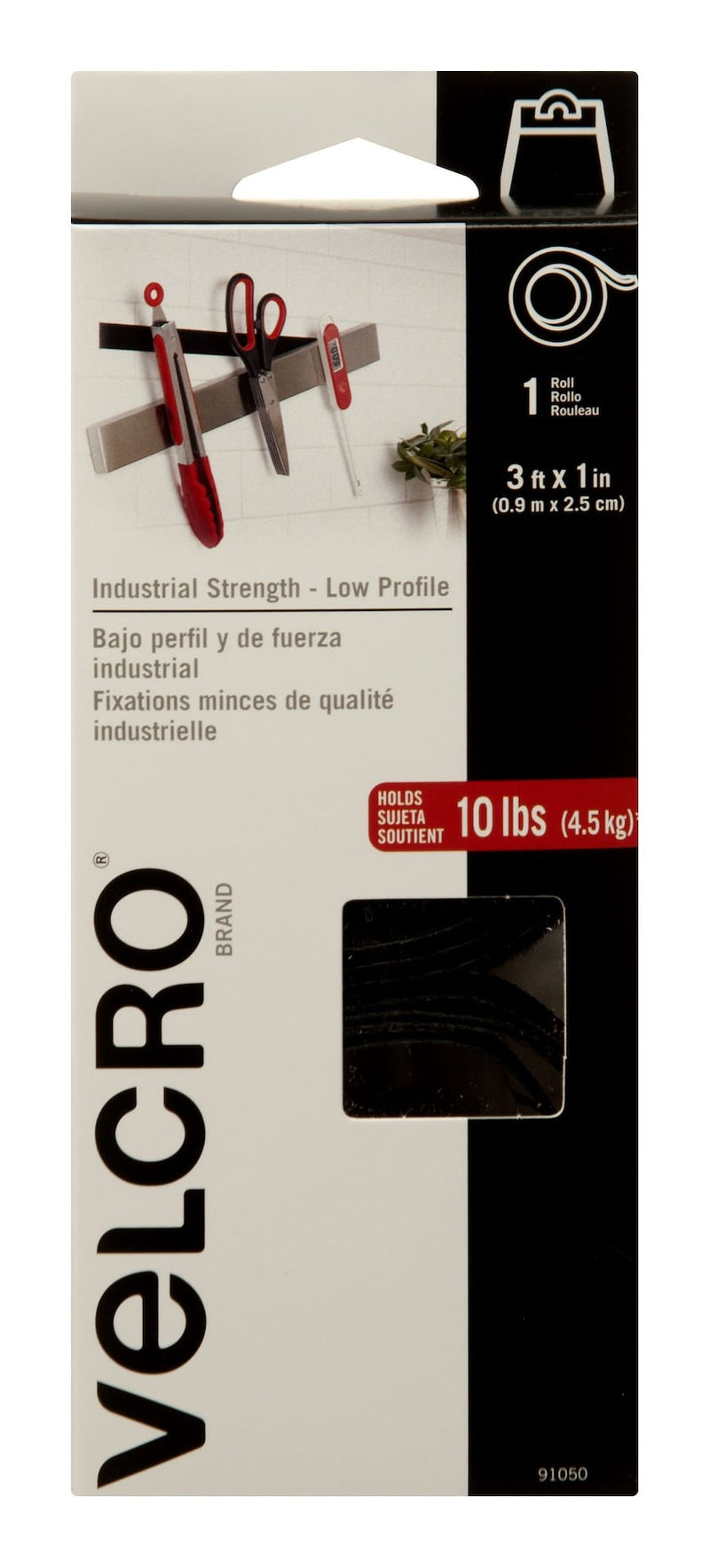 Velcro Industrial Strength Low Profile Heavy Duty Tape, Black, 10-lbs, 3-ft x 1-in, 1-pk Q8