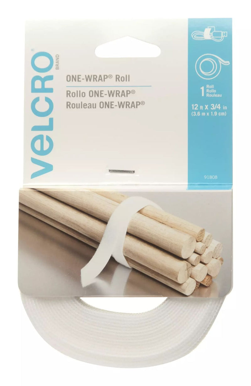 Velcro ONE-WRAP Adjustable Reusable Velcro Hook and Loop Strap, White Roll, 12-ft x 3/4-in, 1-pk S8