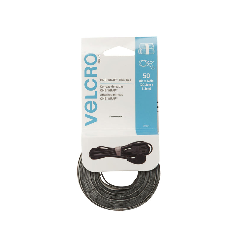 Velcro Reusable Thin Nylon Cable & Wire Ties, Black/Grey, 8 x 1/2-in, 50-pk G2