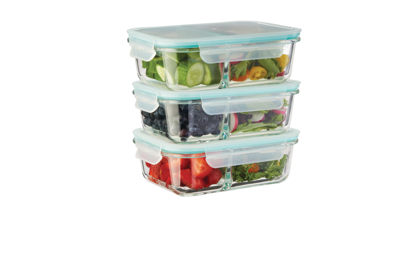 Vida by PADERNO Glass Clip Food Storage Container Set with Compartments and Leakproof Lids, 3 Count H5