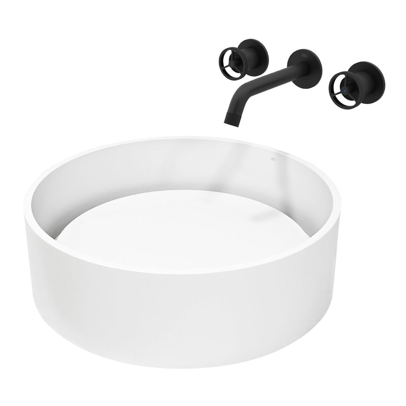 VIGO Anvil MatteStone Round White Composite Bathroom Sink/Basin Set with Cass Wall Mount Faucet and Pop-Up Drain G6
