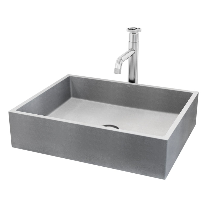 VIGO Coca Gothic ConcretoStone Grey Bathroom Sink/Basin Set with Cass Faucet and Rectangular Vessel J0