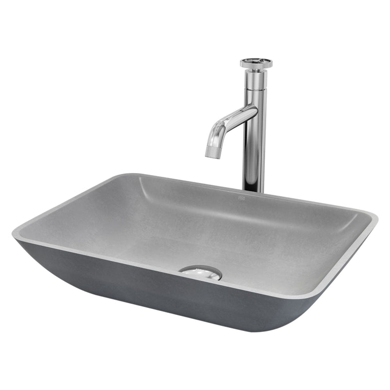 VIGO Duomo Gothic ConcretoStone Grey Bathroom Sink/Basin Set with Cass Faucet and Rectangular Vessel Q5
