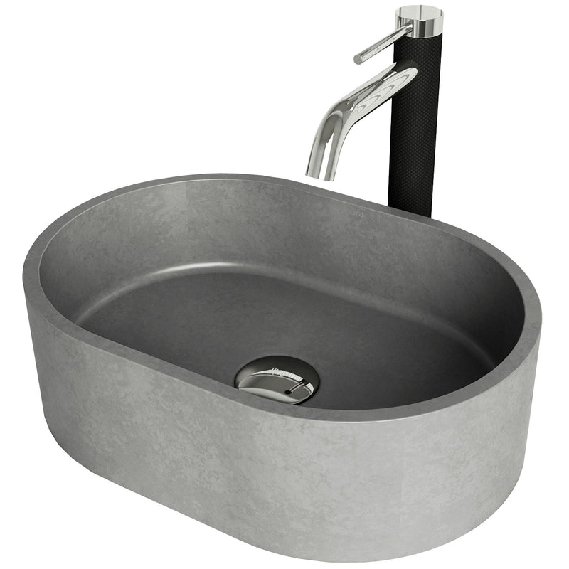 VIGO Giralda Gothic ConcretoStone Grey Bathroom Sink/Basin Set with Lexington Faucet and Oval Composite Vessel J7
