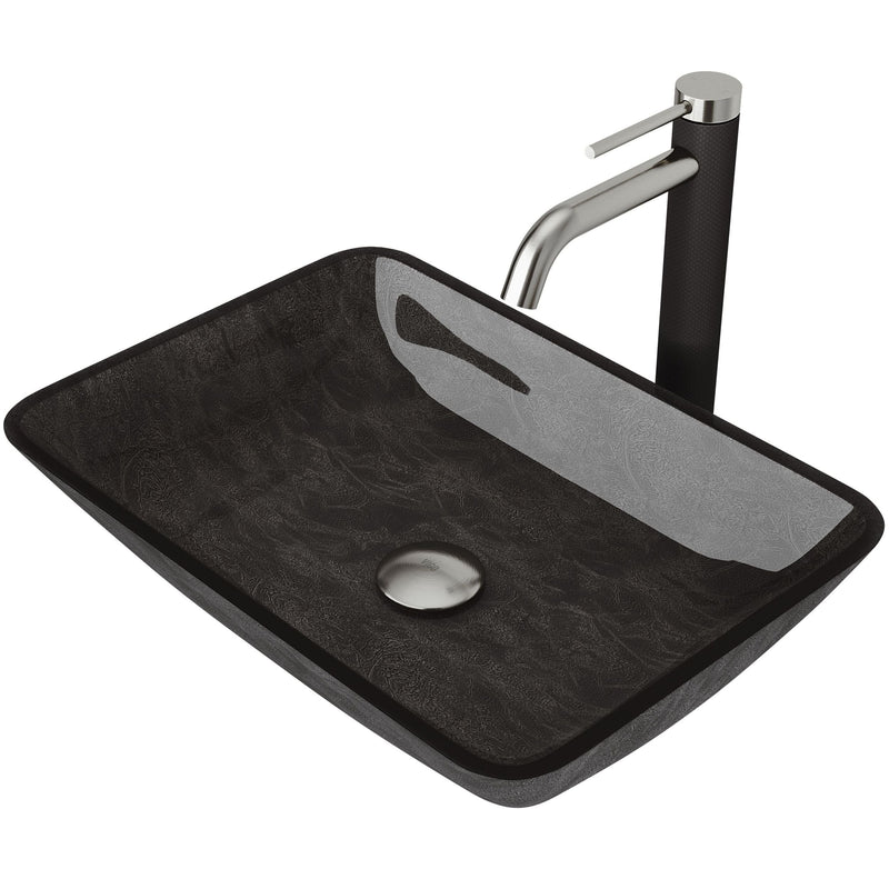 VIGO Glass Grey Onyx Bathroom Sink/Basin Set with Lexington Faucet and Rectangular Vessel I3