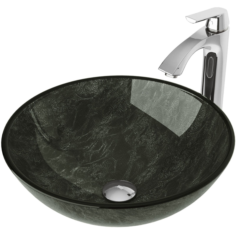 VIGO Glass Grey Onyx Bathroom Sink/Basin Set with Linus Faucet and Round Vessel I9