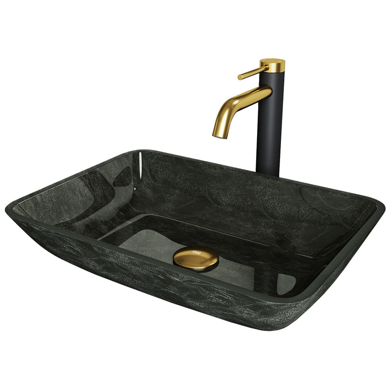 VIGO Glass Grey Onyx Bathroom Sink/Basin Set with Matte Gold Lexington Faucet and Rectangular Vessel O7