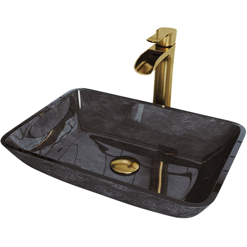 VIGO Glass Grey Onyx Bathroom Sink/Basin Set with Matte Gold Niko Faucet and Rectangular Vessel U9