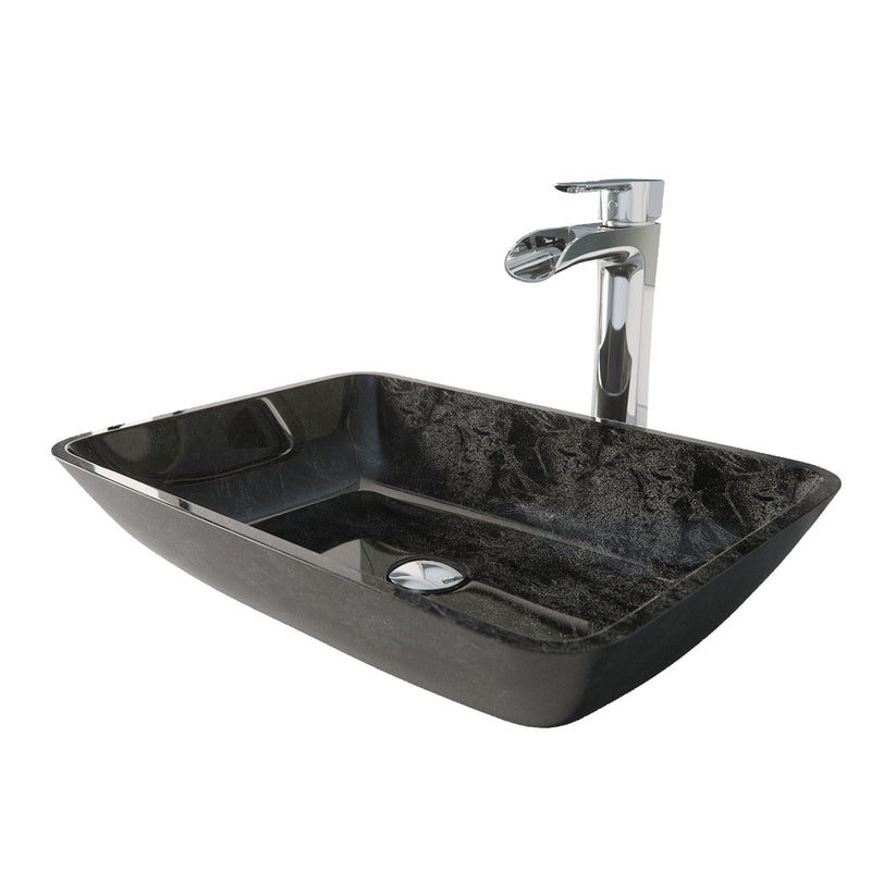 VIGO Glass Grey Onyx Bathroom Sink/Basin Set with Niko Faucet and Rectangular Vessel K8