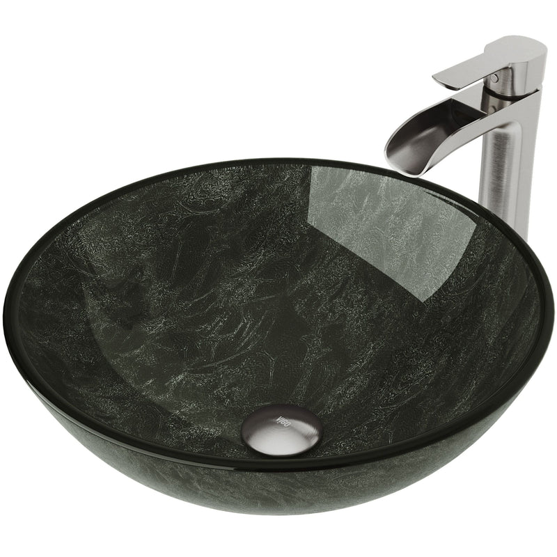 VIGO Glass Grey Onyx Bathroom Sink/Basin Set with Niko Faucet and Round Vessel I0