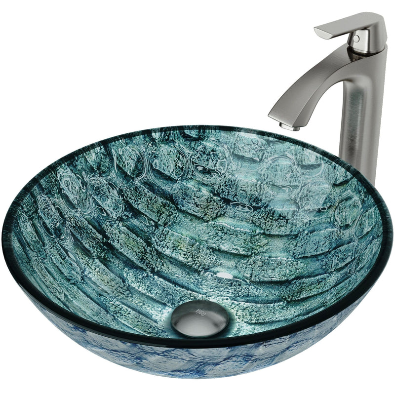 VIGO Glass Oceania Blue Bathroom Sink/Basin Set with Linus Faucet and Round Vessel G8