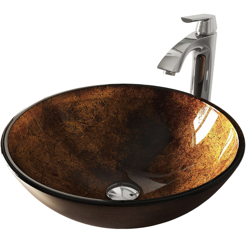 VIGO Glass Russet Brown Bathroom Sink/Basin Set with Linus Faucet and Round Vessel R6