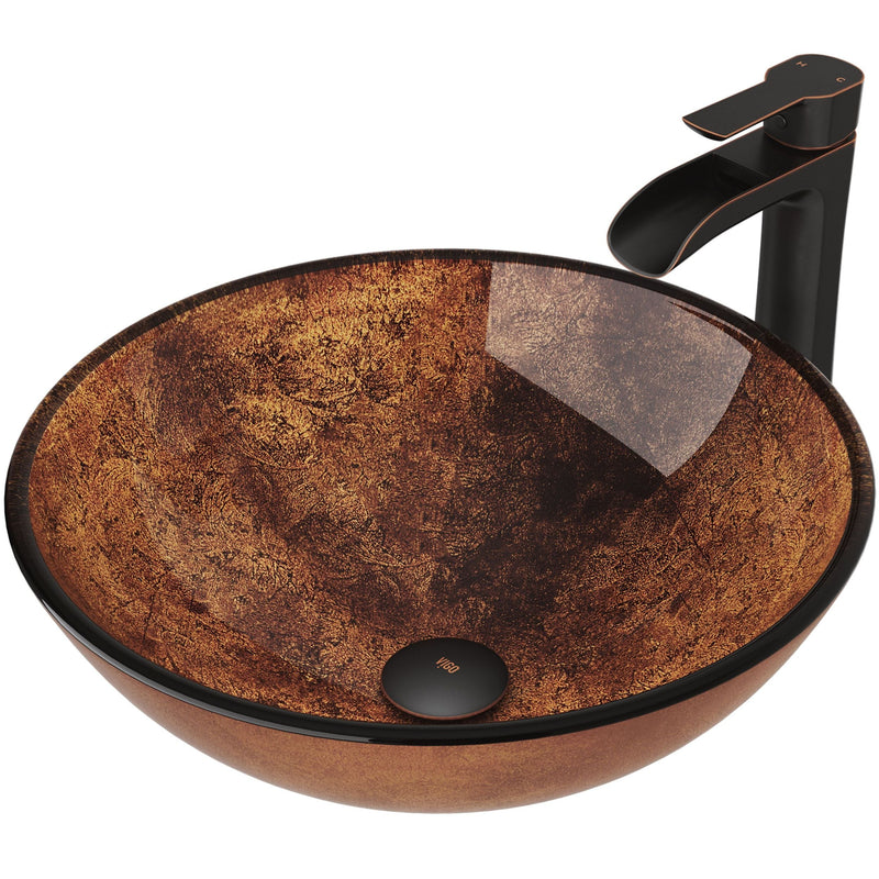 VIGO Glass Russet Brown Bathroom Sink/Basin Set with Niko Faucet and Round Vessel O1