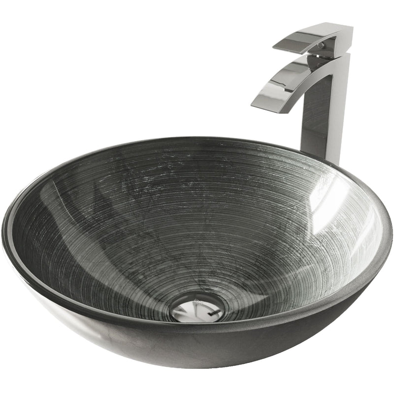 VIGO Glass Simply Silver Bathroom Sink/Basin Set with Chrome Duris Faucet and Round Vessel I1