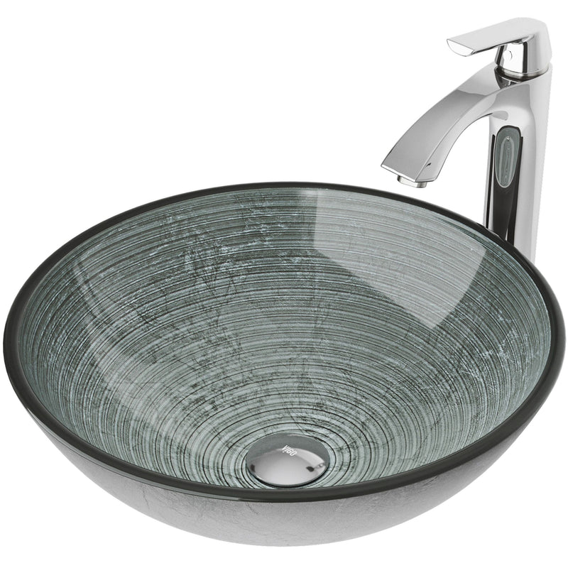 VIGO Glass Simply Silver Bathroom Sink/Basin Set with Linus Faucet and Round Vessel K7