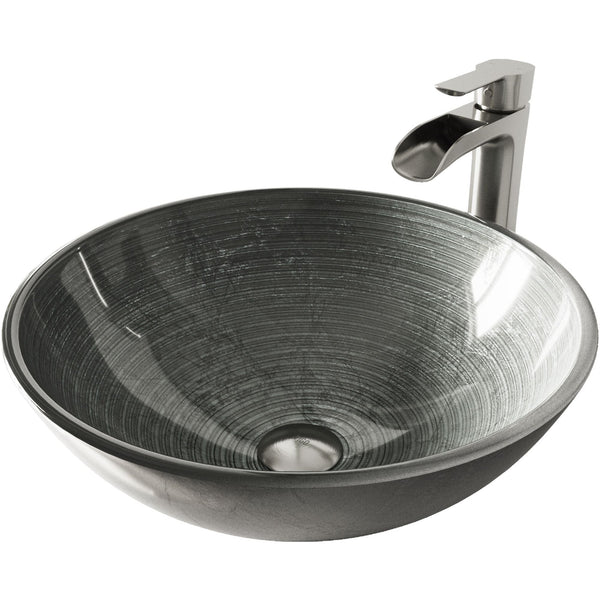 VIGO Glass Simply Silver Bathroom Sink/Basin Set with Niko Faucet and Round Vessel P6