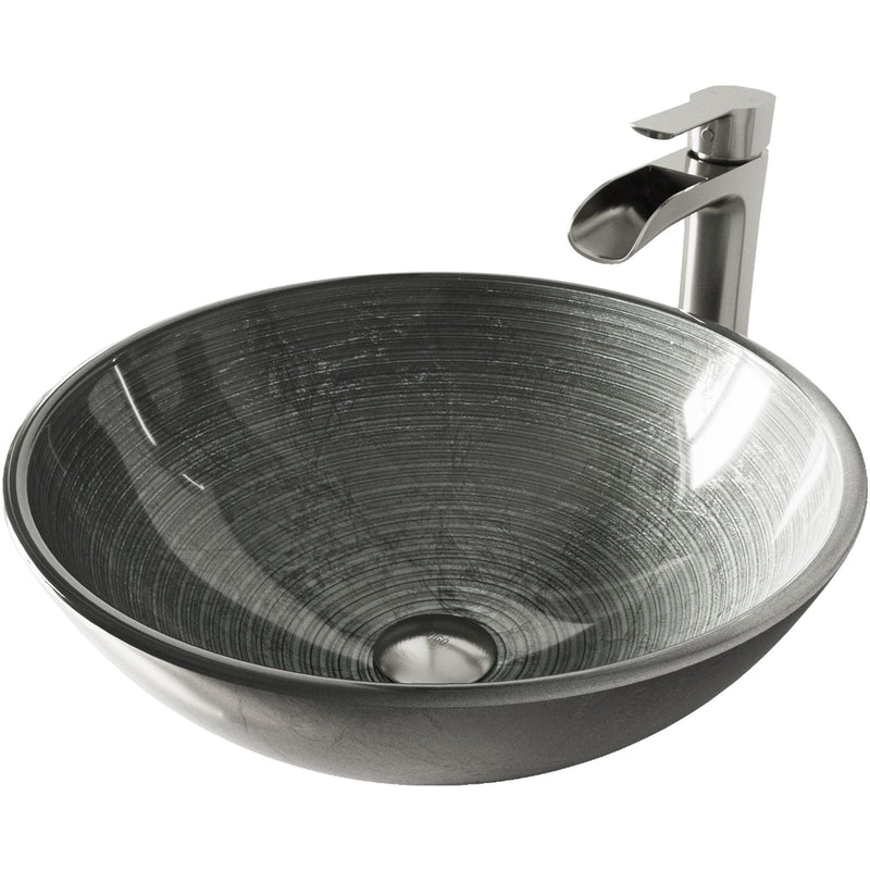 VIGO Glass Simply Silver Bathroom Sink/Basin Set with Niko Faucet and Round Vessel P6
