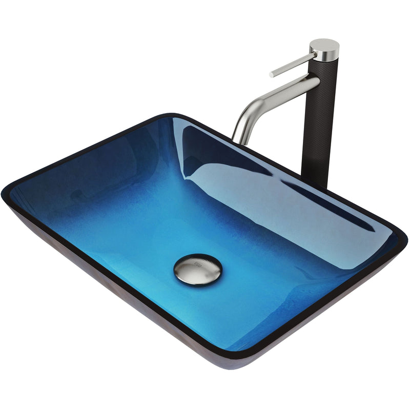 VIGO Glass Turquoise Water Bathroom Sink/Basin Set with Lexington Faucet and Rectangular Vessel J1