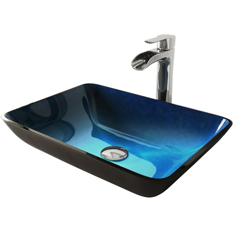 VIGO Glass Turquoise Water Bathroom Sink/Basin Set with Niko Faucet and Rectangular Vessel E7