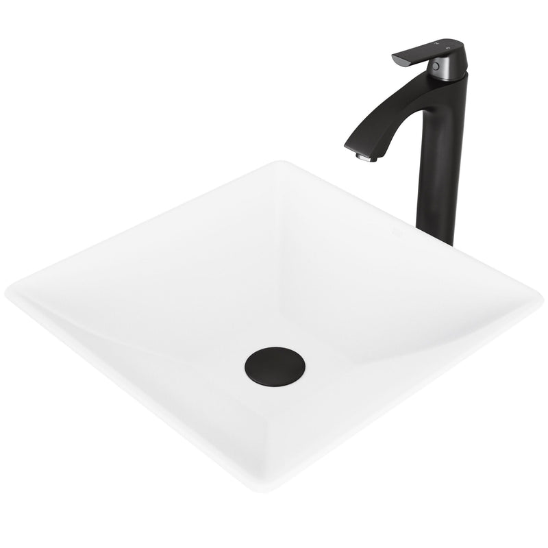 VIGO Hibiscus MatteStone White Bathroom Sink/Basin Set with Linus Faucet and Square Composite Vessel W7