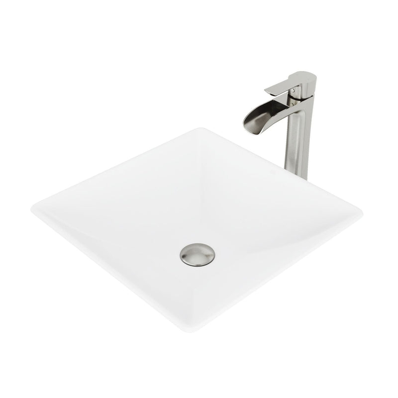 VIGO Hibiscus MatteStone White Bathroom Sink/Basin Set with Niko Faucet and Square Composite Vessel G8