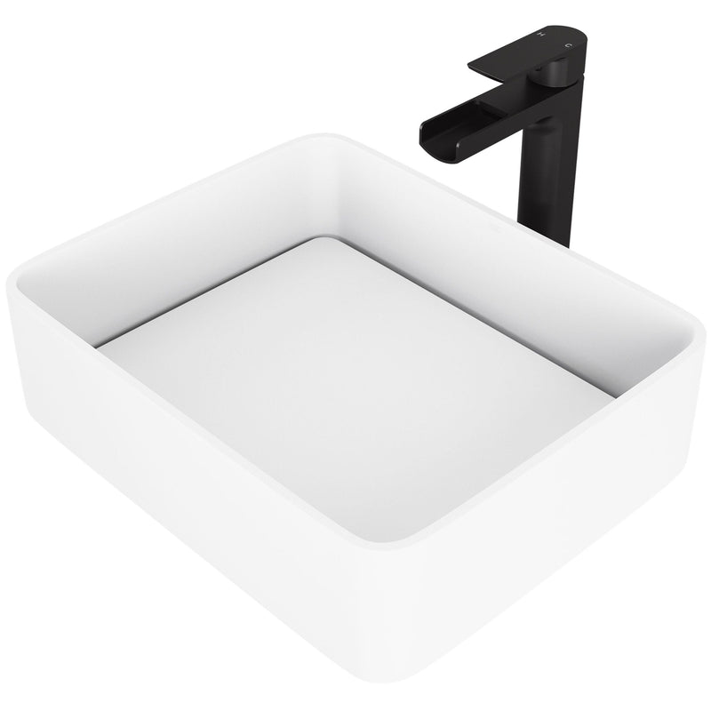 VIGO Jasmine MatteStone White Bathroom Sink/Basin Set with Amada Faucet and Rectangular Composite Vessel Y8