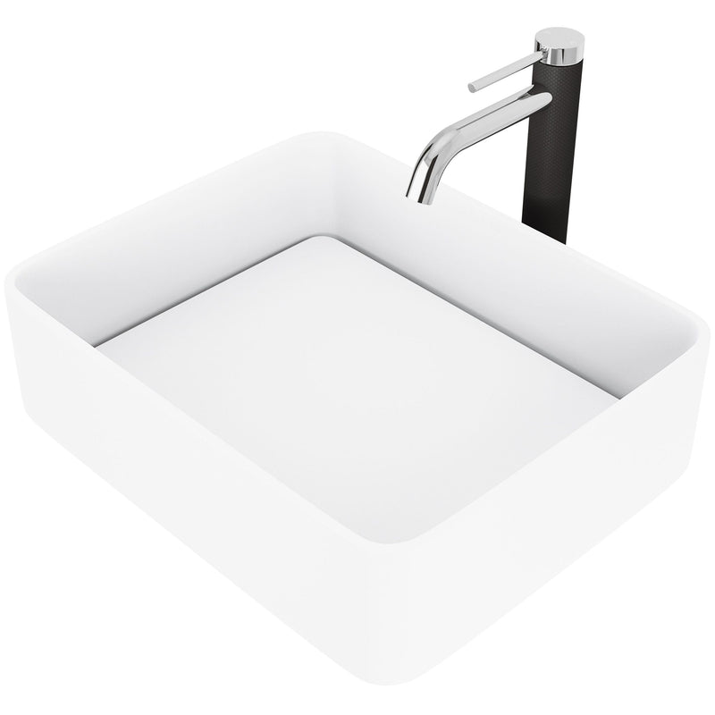 VIGO Jasmine MatteStone White Bathroom Sink/Basin Set with Lexington Faucet and Rectangular Composite Vessel X4