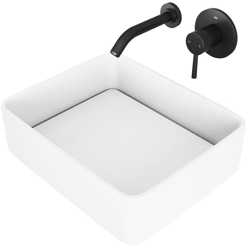 VIGO Jasmine MatteStone White Bathroom Sink/Basin Set with Olus Wall Mount Faucet and Rectangular Composite Vessel V9