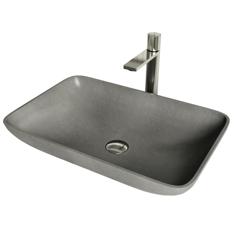 VIGO Lorca ConcretoStone Grey Bathroom Sink/Basin Set with Gotham Faucet and Rectangular Vessel R8